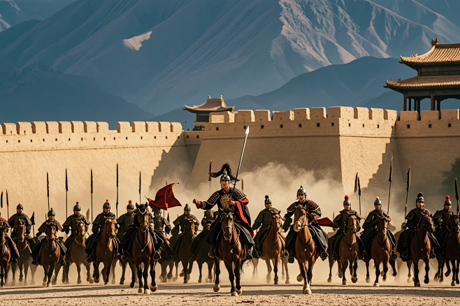 中国一位古代少年将军骑马领军，手拿长剑，带着士兵行军时候的场景，真人实拍，远景，背景城墙-花瓣网