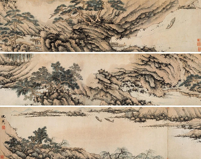 沈周——《溪山无尽图》无题 人物山水卷 手卷卷芯 大图欣赏 | 明|沈周(1427～1509)字启南，号石田、白石翁、玉田生、有居竹居主人等 ...