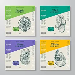 骨头汤 标签 模板 集合 抽象 矢量 食品包装 设计 布局 集 现代排版 手绘蔬菜 鸭 火鸡和鸡 脸 素描 背景 孤立