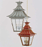 Large Hanging Pagoda Lantern Height 36.5 Width 23.5 Sq  Weight 56 lb  Bulb: 4 x  60W max Standard Glass Clear  Height includes loop which attaches to chain. Supplied with 1 meter/ 40” of chain finished to match Additional chain, or a straight rod instead 