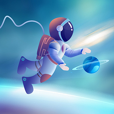 原创卡通装饰插画手绘宇航员宇宙素材星空星...