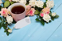 玫瑰,花束,木制,背景,茶杯,贺卡,芳香的,水平画幅,五月,标签