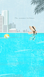 海滨度假泳池美女露台泳池夏季插画