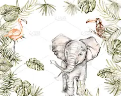 水彩画出自丛林动物和棕榈树分枝的白色背景.完美的幼儿园海报装饰，婚宴邀请函，问候卡片，派对装饰。手绘