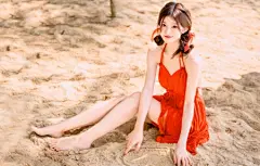 夏天 沙滩 红色小裙子美女4K壁纸