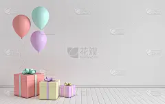 3d渲染室内与现实的彩色气球和礼盒与蝴蝶结在房间。为派对、社交媒体宣传横幅和海报腾出空间。