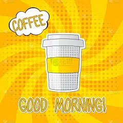 早上好字母矢量 illlustration 与咖啡, 流行艺术风格的黄色背景