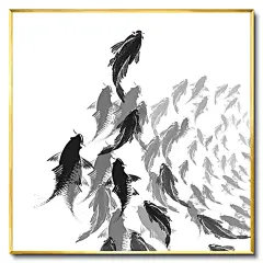 新中式 水墨 山水 金鱼 餐厅 手绘油画 客厅 卧室 软装搭配 墙饰 挂画 装饰画 酒店挂画 样板间 室内设计 工厂直营：18923432336