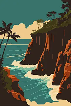 热带海岸悬崖景观插画