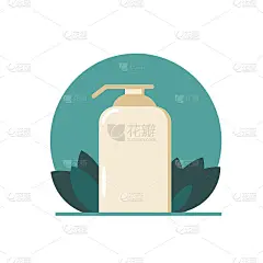 一瓶液体肥皂在一个平面风格的树叶背景。化妆品、卫生、护肤、洗手。图标贴纸、海报