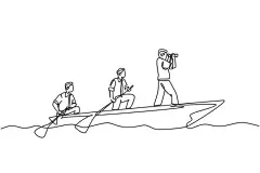 一笔画 | 图源免费EPS文件 |一位单行线绘制的年轻男性团队成员乘船前往岛屿，而领导者使用望远镜为他们导航。团队合作概念连续线绘制设计矢量插图