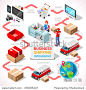 Delivery Service Chain Concept. NEW bright palette 3D Flat Vector Icon Set. From Online Shop Red Box Pakage with Product Item Goods shipping to Worldwide Express Home Delivery
