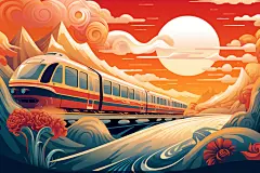 铁路铁轨国潮春运喜庆火车插画