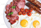 英式早餐,充满的,英格兰,格子烤肉,背景分离,食品,蛋黄,西红柿,鸡蛋,不健康食物