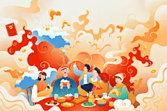 卡通新年春节元旦2023兔年兔子家人团圆饭美食火锅电商消费生肖年货节古建筑传统节日中国风国潮矢量插画下载