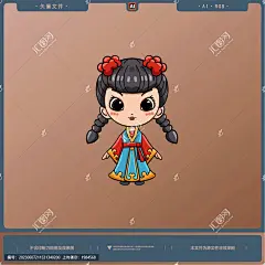 手绘卡通可爱的中国女孩插画
