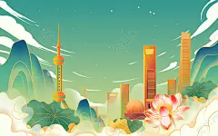 国潮手绘上海城市地标东方明珠建筑背景插画图片素材免费下载 - 觅知网