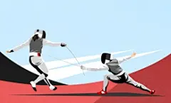 击剑比赛对战双方彩色手绘运动插画