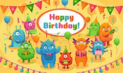 生日快乐怪物。儿童生日派对可爱的怪物吉祥物，怪物周年贺卡卡通矢量插图