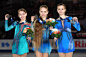 Alena Kostornaia of Russia Alexandra Trusova of Russia and Anastasia Tarakanova of Russia pose with their medals after the Junior ladies free skating...