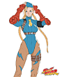 This may contain: an anime character with long blonde hair and braids, wearing a blue outfit holding two red