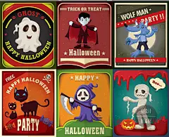 复古万圣节卡通形象南瓜巫婆卡片海报背景图案AI设计素材 G1557-淘宝网