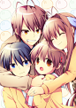 2boys 2girls blue_eyes blue_hair brown_eyes brown_hair cigarette clannad eyes_closed furukawa_akio furukawa_nagisa furukawa_sanae hug long_hair multiple_boys multiple_girls okazaki_tomoya school_uniform short_hair soranagi