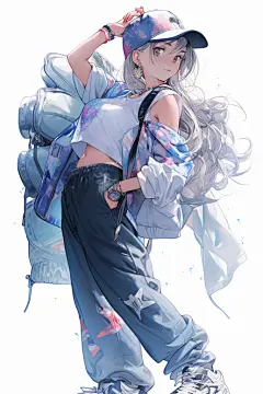 帅气运动帽站姿冷酷帽子女孩图片插画