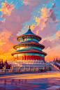 城市风景插画：北京 天坛的夕阳｜MJ_4_想养美短的贝儿_来自小红书网页版