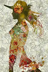 双重曝光的妇女与帽子和彩色花朵
