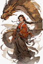 水墨古装红衣少女古风女孩和龙插画