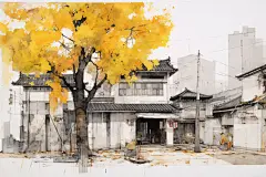 水墨江南园林插画绘画