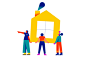 三个人举起一座房子，象征住房援助的概念。