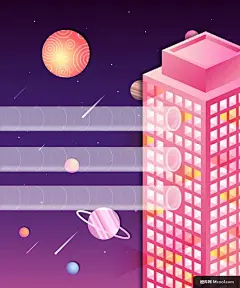都市 高楼 夜色 星际 远射 童话 梦幻遐想品质生活插画绘画