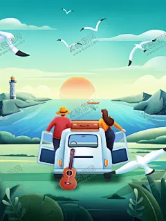 海边旅游度假自然风光插画 【酷图网】海边,旅游,春天,景色,情侣旅游,郊游