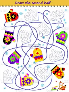 幼儿教育网页。带迷宫的逻辑拼图游戏。找到并画出每个手套的第二对。彩色的书。可打印的工作表，附有儿童学