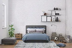 Modern bedroom interior with blank wall for copy spaceModern bedroom interior, with bed, night tables, lamps, and many details around. Many books and decoration, wall is rich in texture. Copy space background template render