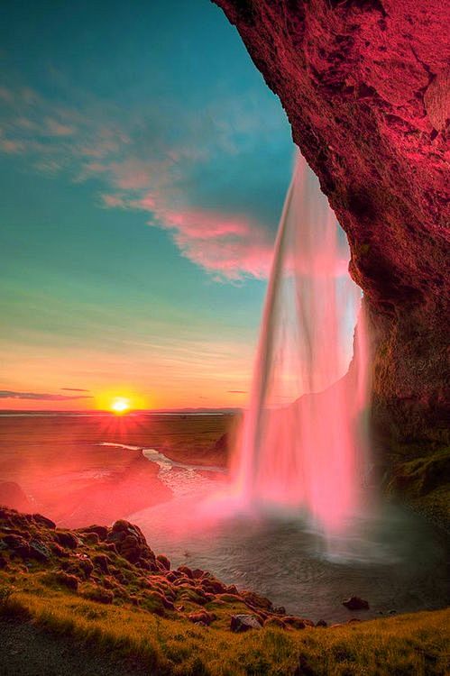 瀑布日落，塞里雅兰瀑布，冰岛