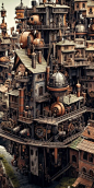 This may contain: an artistic view of a city with lots of pipes and buildings on top of it