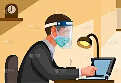 从侧面看戴面罩和面罩的上班族。带背景的卡通插图矢量中人们在新的正常活动场景中工作和学习