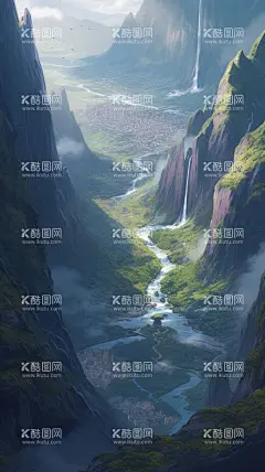 风景瀑布漫画手机壁纸  - 源文件下载【酷图网】炫酷,风景,瀑布,AI,漫画,写实,壁纸