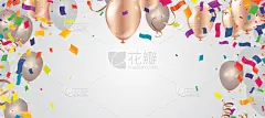 金色庆祝横幅与金色气球五彩纸屑背景。矢量图