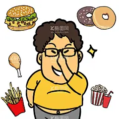漫画胖子零食  - 源文件下载【酷图网】胖子,零食,汉堡,甜甜圈,薯条,鸡腿,可乐,垃圾食品,
