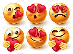 Emoticon爱笑脸向量字符集。在爱的3d表情字符与表情像亲吻，哭泣和抱着心在爱和关心可爱的微笑收