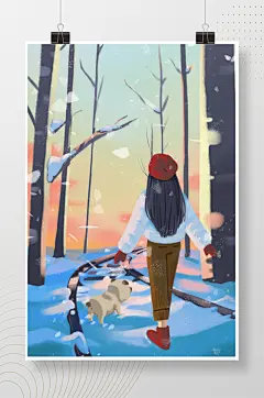 现代文艺手绘女孩遛狗插画