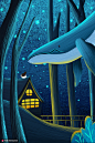 线条手绘 梦幻鲸鱼 深林木屋 鲸鱼插图插画设计 JY00025萌宠动物素材下载-优图网-UPPSD