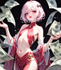 00092-664333895-1girl，short hair，All eyes are on money,A lot of money, pink eyes, red lips,Small chest,