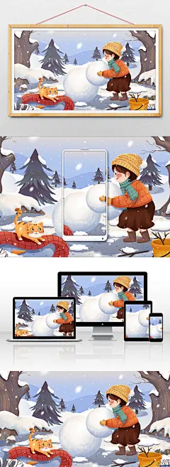 冬季雪地堆雪人女孩与猫小雪大雪插画