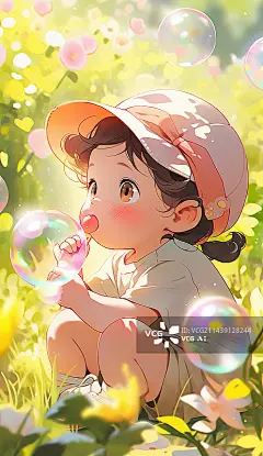 【AI数字艺术】可爱的小女孩在花丛中玩泡泡图片素材