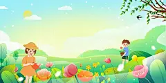 绿色小清新卡通人物浇花五一劳动节边框展板背景
